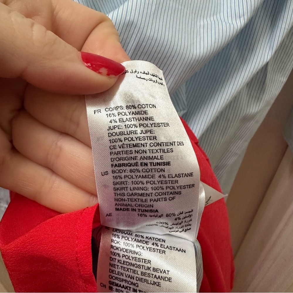 Sandro Midi Shirt Dress Two Toned Blue Stripes Top Pleated blue Red skirt sz 36 - Picture 8 of 8